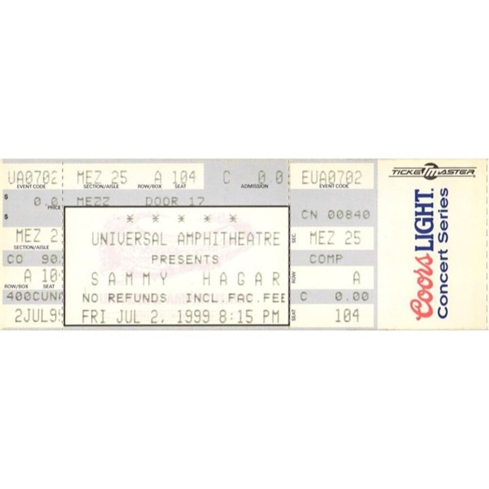 Vintage 1999 Sammy Hagar Concert Ticket Stub Universal City CA